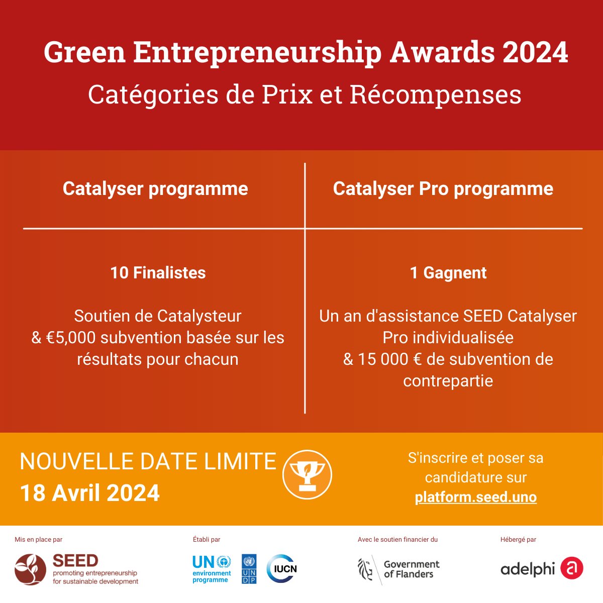 📢 Les #GreenEntrepreneurshipAwards 2024 par SEED sont une opportunité unique pour les entreprises du #Maroc ! 📢 ⚠️ Nouvelle date limite de soumission de candidature : 18 Avril 2024 Informations et questions-réponses ici 👉 seed.uno/programmes/ent…