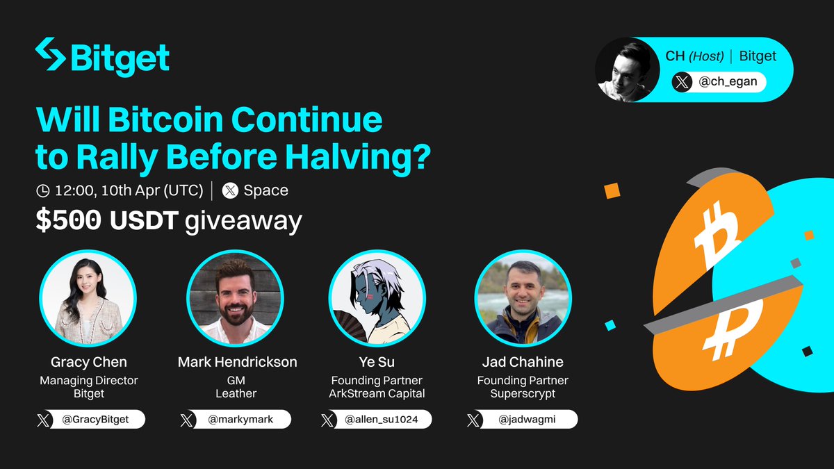 Join our X Space on #Bitcoin's potential rally before halving with our expert panel @GracyBitget, @markymark, @allen_su1024 & @jadwagmi. 🎁 500 $USDT Giveaway (10 winners) ✅ Follow @bitgetglobal ✅ RT, like & tag your pals ✅ Set a reminder and join: twitter.com/i/spaces/1dRKZ…