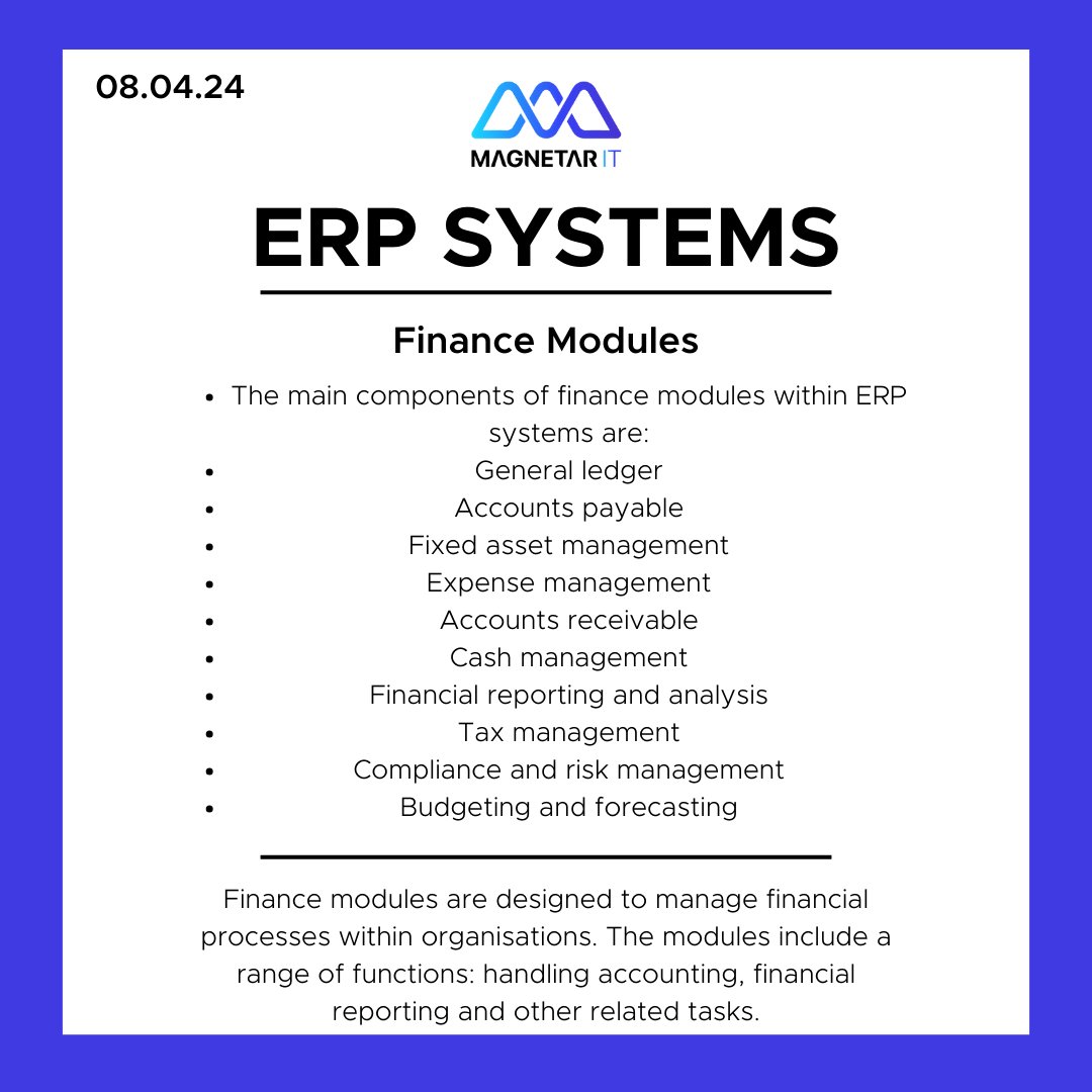 What do finance modules within ERP Systems do? ✨ Here at Magnetar IT we are passionate about modernising or developing new bespoke ERP systems, if you would like to know more please get in touch. 🌎 #ERPsystems #ERP #magnetarit #itconsultancy #financemodules