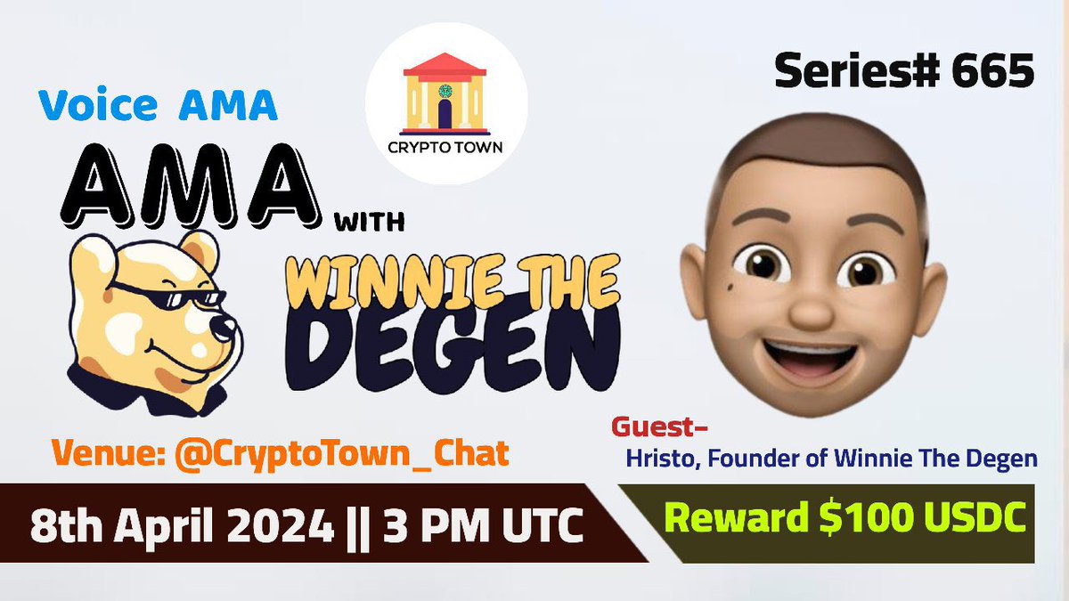 🎙️Join us on our next #Voice AMA at <a href="/CryptoTowno/">Crypto Town</a> - TODAY - 8th April 2024  at 3:00PM UTC 

💰Rewards Pool: $100  

🏠Venue: t.me/CryptoTown_Chat