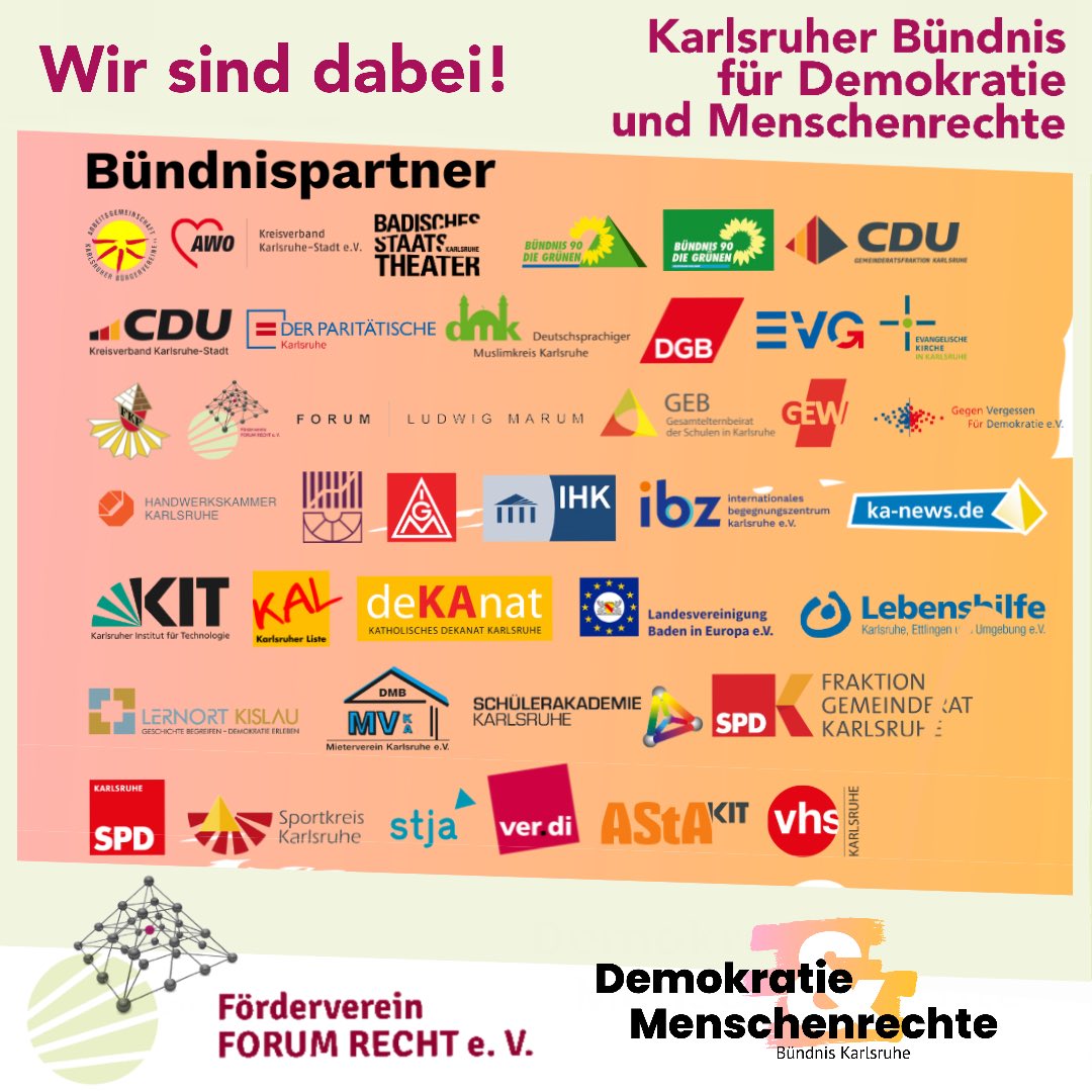 „Bündeln, bilden und begeistern“

Gründung des Karlsruher Bündnisses für Demokratie und Menschenrechte — Wir sind dabei!

Weitere Infos: buendnis-karlsruhe.de

#BuendnisKarlsruhe #FuerDemokratie #FuerMenschenrechte #Karlsruhe #DerRechtsstaatGehtUnsAlleAn