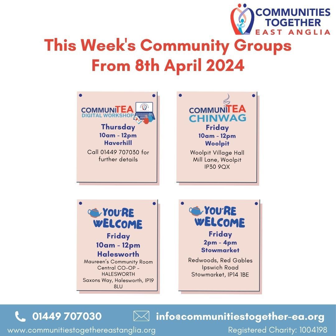 SESSIONS THIS WEEK

For more information about our sessions please contact info@communitiestogether-ea.org or call 01449 707030.