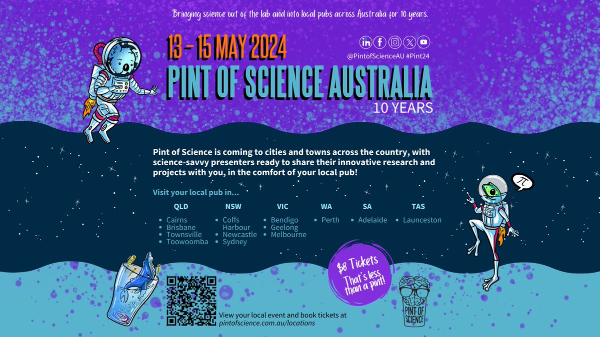 Our events are live for the #PintAU24 Festival! 🍻🧠 Head over to the website and check what’s on near you👇🏼pintofscience.com.au/locations #Pint24 #Adelaide #Bendigo #Brisbane #Cairns #CoffsHarbour #Geelong #Launceston #Melbourne #Newcastle #Perth #Sydney #Toowoomba #Townsville