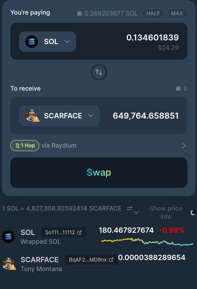 SCARFACEMEME's tweet photo. We are live on @JupiterExchange!!

https://t.co/RaCdPjJ2AH

"Money isn't real in this world. It's about the value we create, the community we build. With Scarface token, we're not just launching a token; we're launching a legacy."

This is just the beginning mang 🔥 https://t.co/FmkUigrmIc