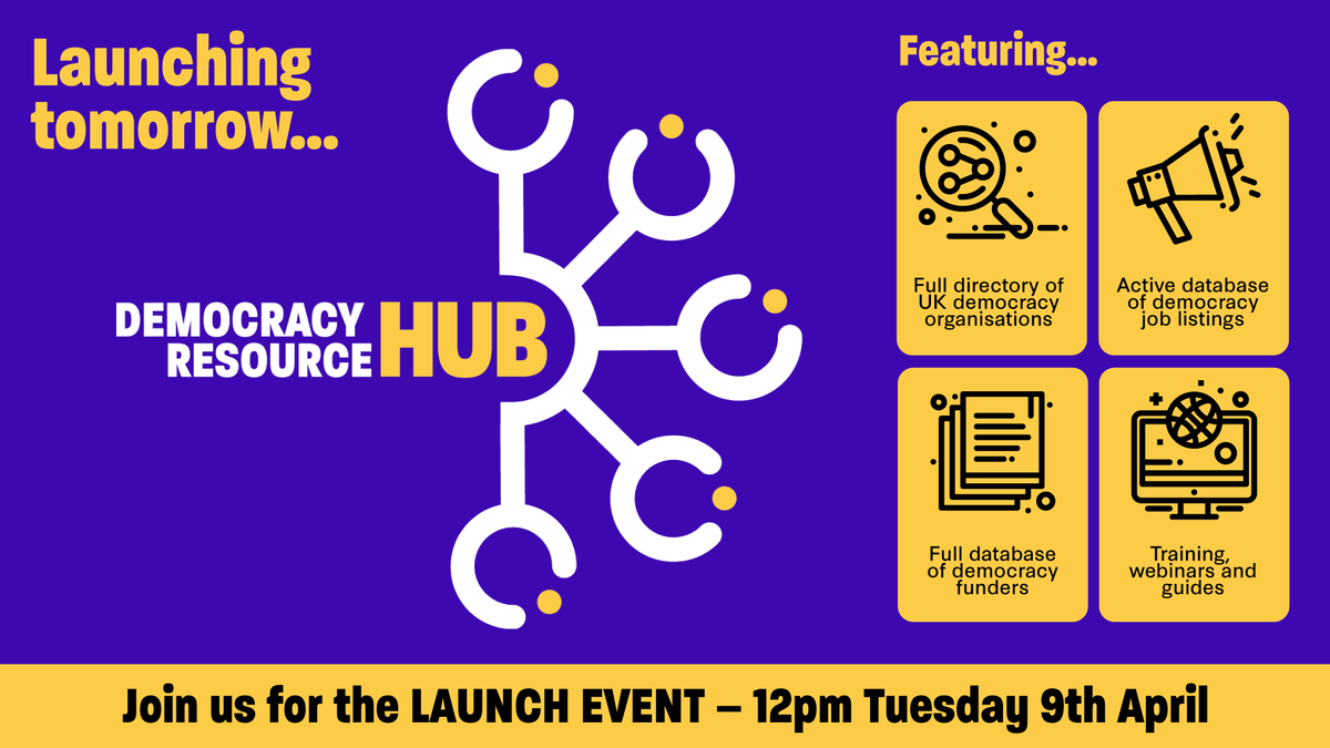 📢 Join us TOMORROW for the launch of the Democracy Resource Hub! Learn how you can use the hub to: 🔍 Find and collaborate with others in the democracy sector 🤝 List and apply for democracy jobs 💸 Find funders for your work 📺 Watch, read and suggest resources Sign up 🧵👇