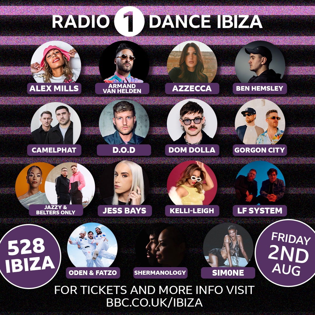 the line up for radio 1 dance: ibiza 2024 is here ❤️‍🔥 tickets for this HUGE night with the best dance acts from across the world are available from 9am today 🫶 for more event information and details on how to secure your tickets head to bbc.co.uk/ibiza ✨