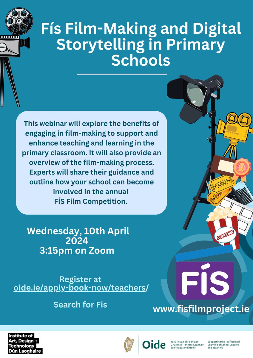 Are you interested in participating in @FisFilm with your class this year? Then join us this Wednesday at 3.15pm for a webinar which will explore how to get started with film-making in the classroom 🎥 🍿 @OideTechinEd Register: oide.ie/teachers/ and search for Fis