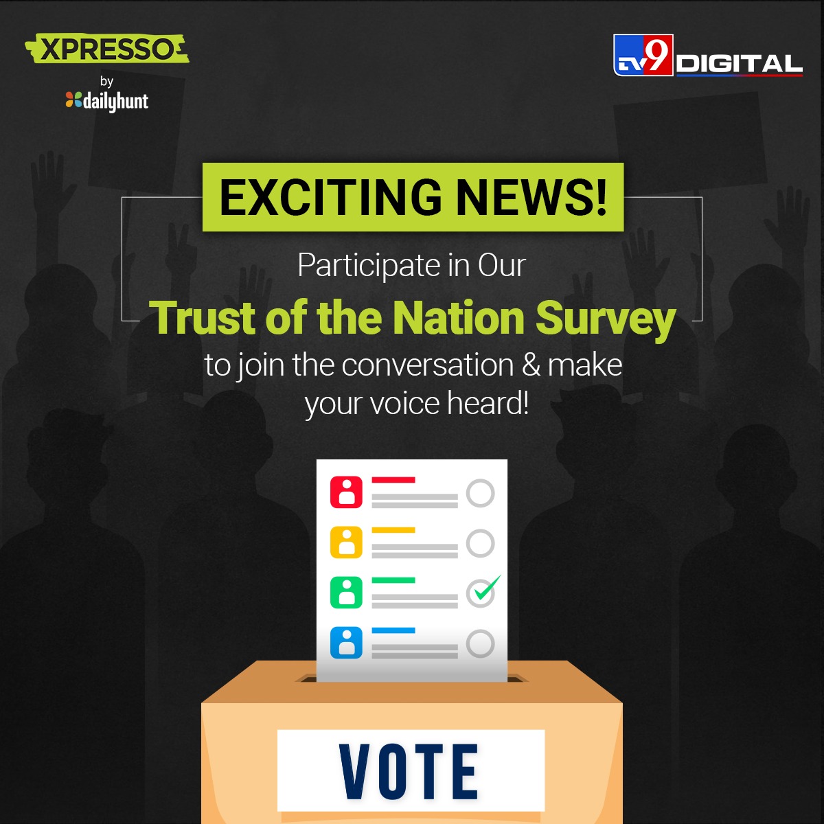 Exciting news! Participate in Our Trust of the Nation Survey to join the conversation & make your voice heard! Click on the link to participate: dhunt.in/TAtiQ #Trustofthenation #elections2024 #dailyhunt #tv9 #prepollsurvey @TV9Bharatvarsh