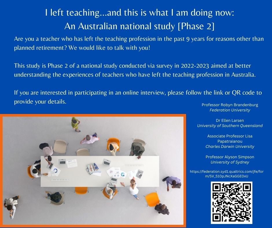 Have you left teaching in the past 9 years? We are looking to interview former Australian teachers and would like to hear from you!
Please follow this link or use the QR code so that we can connect with you!
federation.syd1.qualtrics.com/jfe/form/SV_51…
Please share!