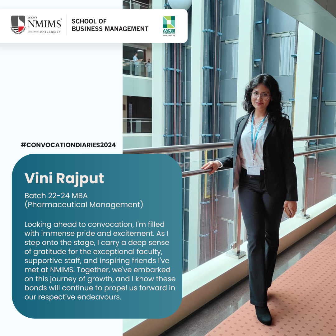 Earning my MBA at #NMIMS was a whirlwind of growth for Vini. The case-study approach gave her real-world tools and leadership opportunities broadened her perspective. Grateful for the faculty & friends NMIMS prepared her for endless possibilities. #MBAExperience #Convocation2024