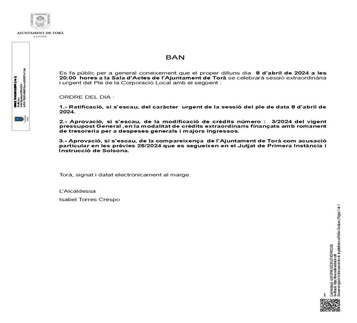 👉Sessió extraordinària i urgent del Ple de la Corporació Local

📍Dilluns dia 8 d’abril de 2024 a les 20:00 hores a la Sala d’Actes de l’Ajuntament de Torà se celebrarà sessió extraordinària i urgent del Ple de la Corporació Local