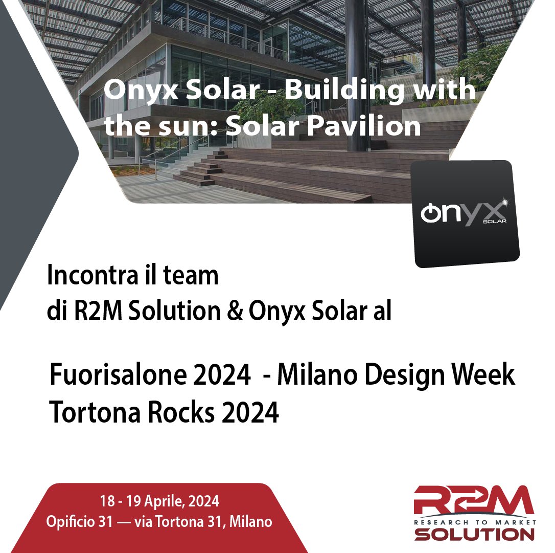 Vienici a trovare al Solar Pavillion☀️del #Fuorisalone durante il #MilanoDesignWeek. Saremo lì insieme all’azienda partner di R2M e leader di settore del vetro #fotovoltaico, <a href="/onyxsolar/">Onyx Solar</a> 

🗓️18 &amp; 19 Apr.📍Opificio 31 - via Tortona 31, Milano

fuorisalone.it/it/2024/eventi…