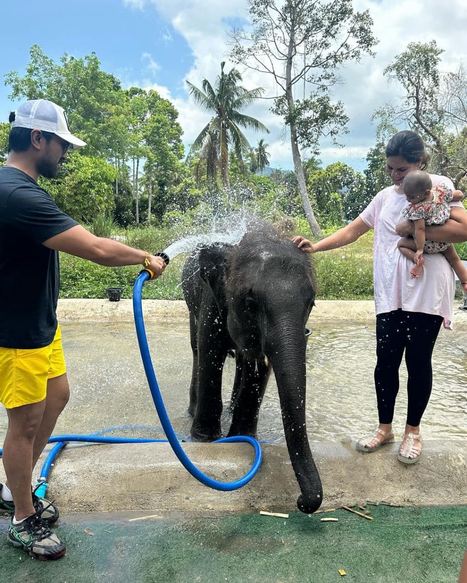 #RamCharan, #UpasanaKonidela and daughter #KlinKaaraKonidela bath a baby elephant during their recent vacay to Samui, Thailand 😍 #vacation #family #thailand #tollywood