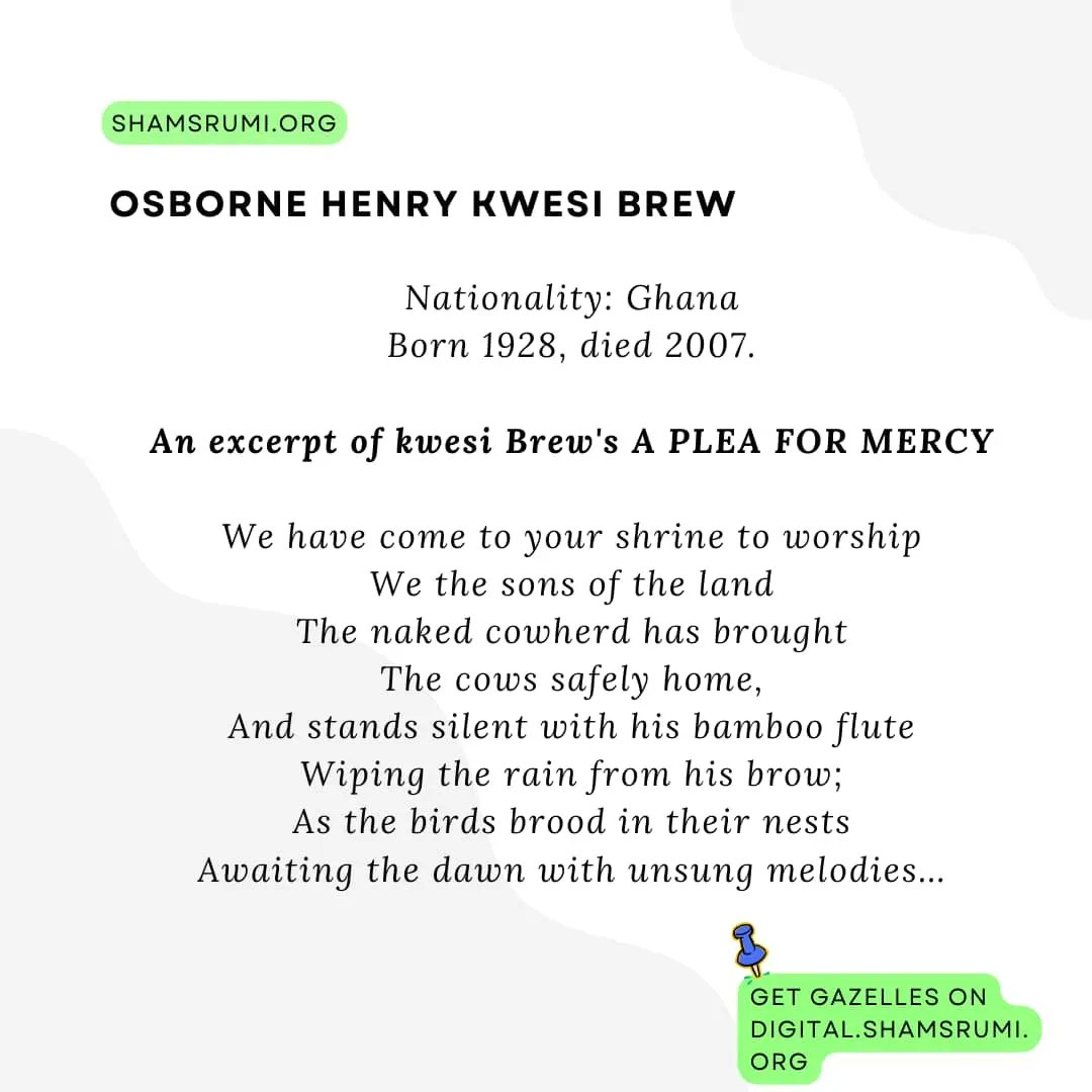 Kwesi Brew, a poet, playwright, and academic was born in 1925. All of his works explored the social and political issues facing Ghana and Africa which includes several plays and essays. Did you know he was a respected professor of English at the University of Ghana? #poeticcrush