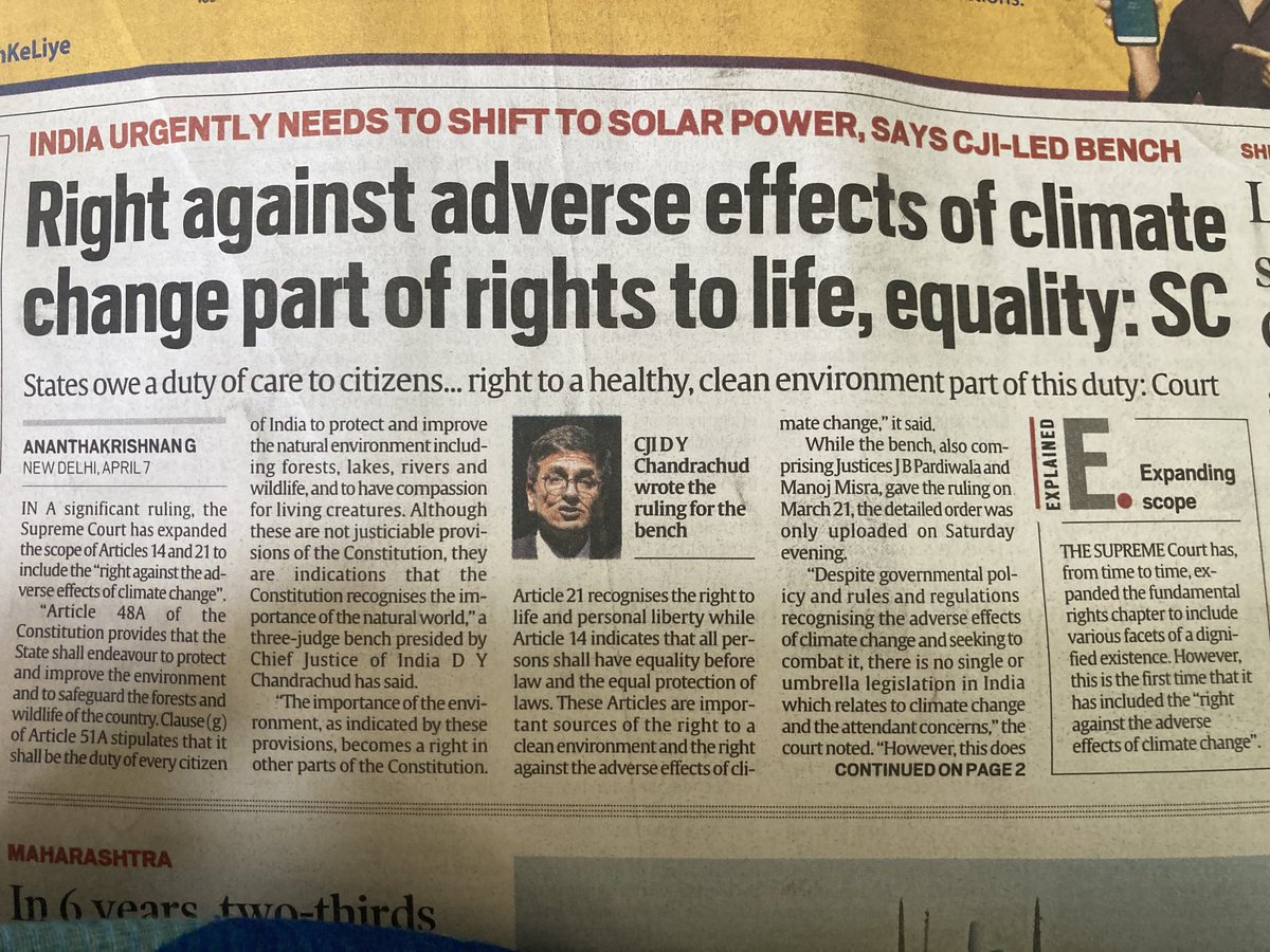 Thrilled to see this on ⁦@indiaexpress⁩ #fundamentalrights “right against the adverse effects of climate change” #climateaction #pollution 👍