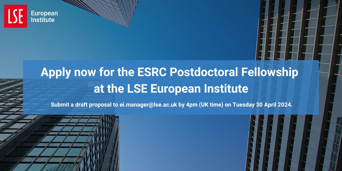 The LSE European Institute is accepting applications to the 𝗘𝗦𝗥𝗖 𝗣𝗼𝘀𝘁𝗱𝗼𝗰𝘁𝗼𝗿𝗮𝗹 𝗙𝗲𝗹𝗹𝗼𝘄𝘀𝗵𝗶𝗽 𝟮𝟬𝟮𝟰/𝟮𝟱! 🎉 Internal & external candidates are welcome! 🗓️ Closing date: Tuesday 30 April, 4PM (UK time) Learn more & apply👇 lse.ac.uk/european-insti…