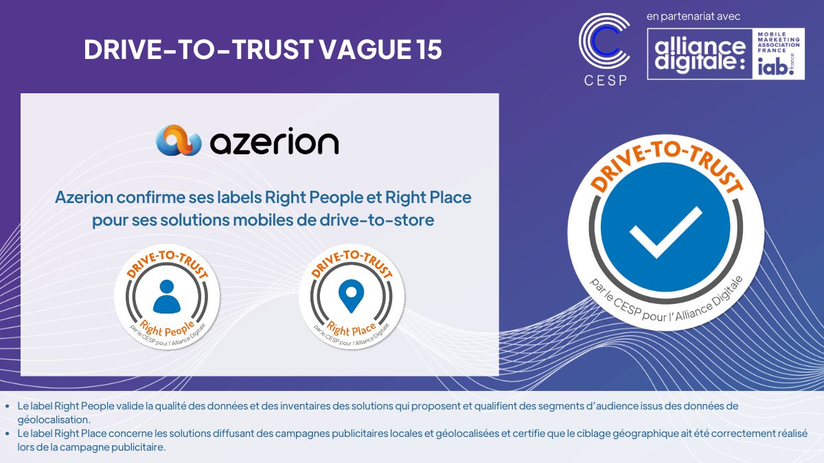 💡 Le saviez-vous ? Azerion fait partie des 3 solutions françaises ayant obtenu les deux labels Right People &amp; Right Place de la certification Drive-to-Trust. 
 
<a href="/Alliance_Dgtle/">Alliance Digitale</a>