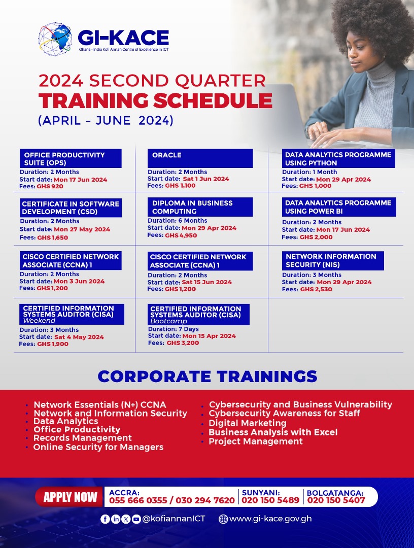 Browse through our extensive ICT training schedule for the second quarter at our Centre and empower yourself with essential skills and knowledge to excel in today's dynamic, technology-driven environment.

Contact us today on 0556660355 to enrol in any of these courses.

#GIKACE
