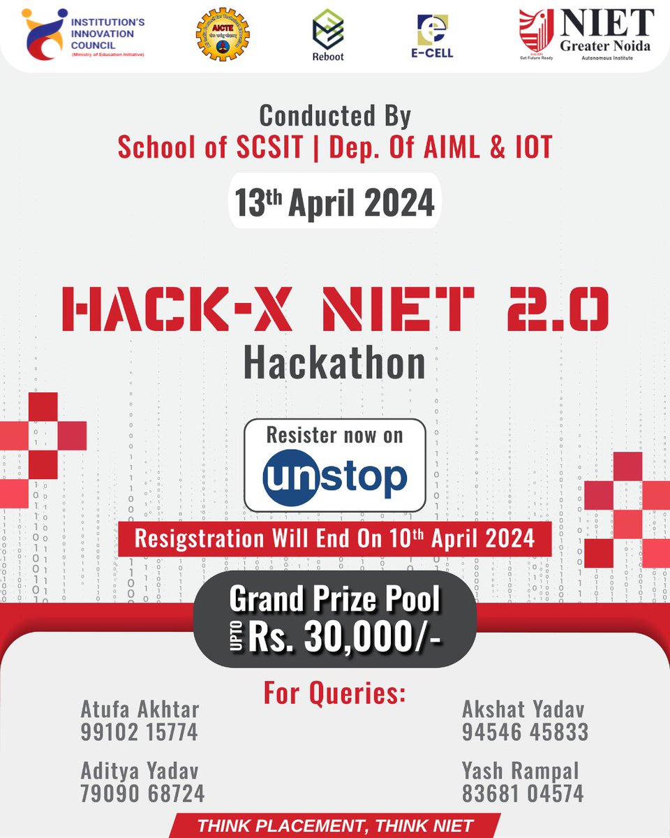 Get ready for Hack X NIET 2.0! Hosted by the School of SCSIT & Dept of AIML & IoT, this event is not to be missed. Registration ends on April 10th, 2024. For queries, contact the numbers provided. Join the excitement now! 
#NIET #NIETgreaternoida #HackXNIET #NIETEvents #TechEvent