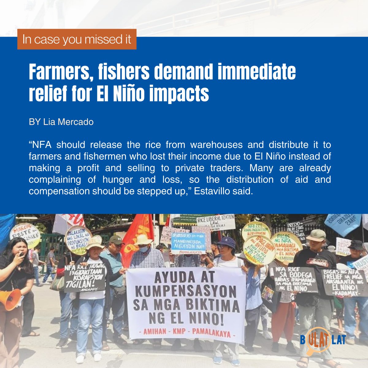 This call comes amid revelations that the NFA illegally sold 75,000 bags of rice worth P93 million (US$1.64 million) to traders in Bulacan, exacerbating the plight of those affected by El Niño-induced drought. Read: bulatlat.com/2024/04/05/far…