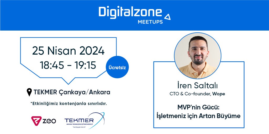 🌟 @wopehq'un CTO'su ve kurucu ortağı @irensaltali, 25 Nisan'da MVP kullanımının iş büyümesine etkilerini kapsamlı olarak paylaşacak! Kayıt olmak için linke tıklayabilirsiniz! 👉 zeo.org/tr/meetups #Digitalzone #Meetups #MVP #BusinessGrowth