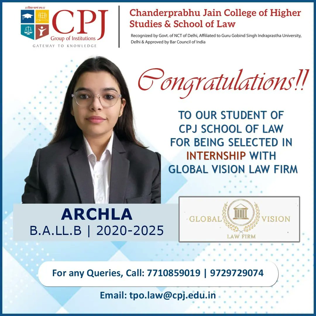 🎉 Exciting News! 

🎉 We're thrilled to announce that one of our outstanding students has been selected for an internship at GLOBAL VISION LAW FIRM!

 🌟 Congratulations to them on this incredible achievement. 🎓✨ 

#CPJSuccess #InternshipOpportunity #GlobalVisionLawFirm 🏛✨