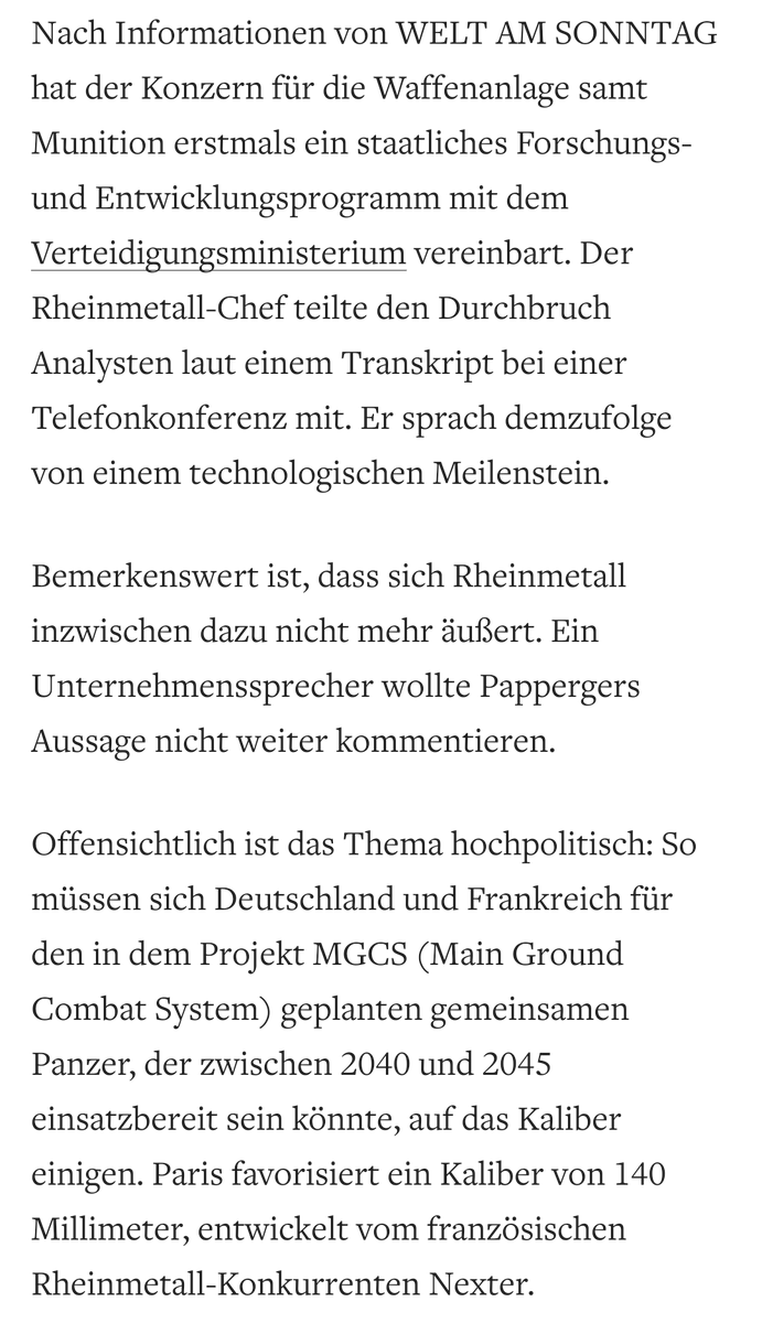 stoerfang's tweet photo. @Leopard24theWin Sorry, aber mE ist es nicht korrekt, was da aus der @welt widergegeben wird. Dort wird von der #130mm @RheinmetallAG  Kanone in Bezug auf die nächte Panzergeneration gesprochen, von RM-CEO Papenberger als #Leopard3 bezeichnet. mE mehr Positionierung als wirklicher Plan. https://t.co/F3Zal20W4S