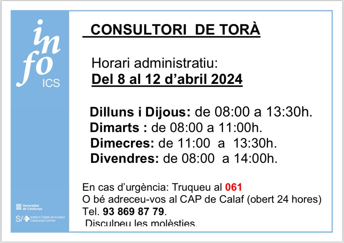 Horaris del consultori mèdic del 8 fins al 12 d'abril👇