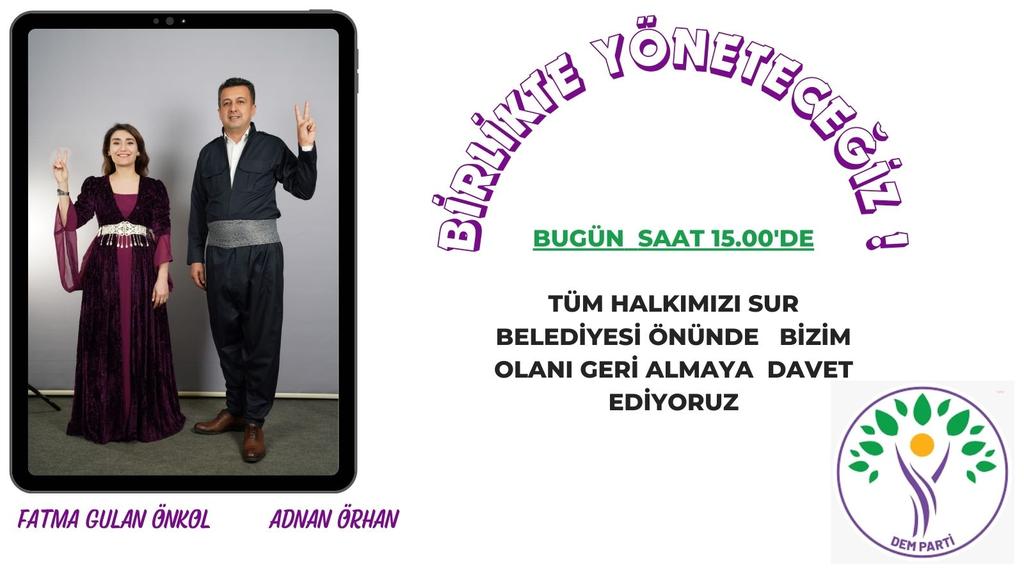 📍Birlikte Yönetmeye!  
    Bugün ⏰ 15.00'te 
    Tüm Halkımızı Belediye önüne    bekliyoruz.
Birlikte güçlüyüz .
<a href="/demamedkadin/">DEM Parti Amed Kadın Meclisi</a> 
<a href="/dempartiamed/">DEM Parti Amed İl Örgütü</a> <a href="/demsecim/">DEM Seçim İşleri</a> <a href="/DemPartiKadin/">DEM Parti Kadın Meclisi</a>