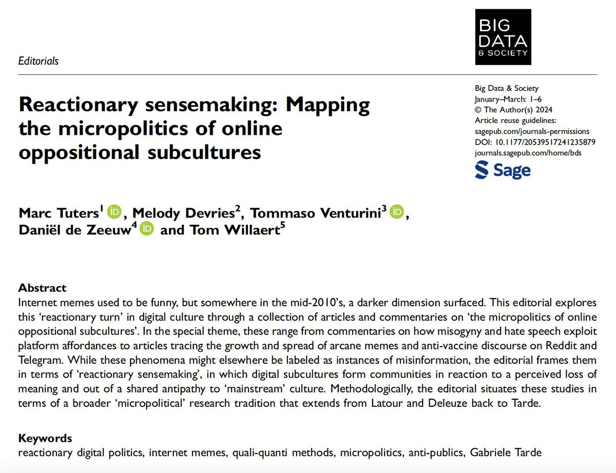 Check out our new editorial "Reactionary sensemaking: Mapping the micropolitics of online oppositional subcultures’ from the special theme on Micropolitics" by <a href="/mtuters/">marc tuters</a>, Melody Devries, @venturini_tom, Daniël de Zeeuw &amp; Tom Willaert: buff.ly/4afF7IF
#memes #micropolitics