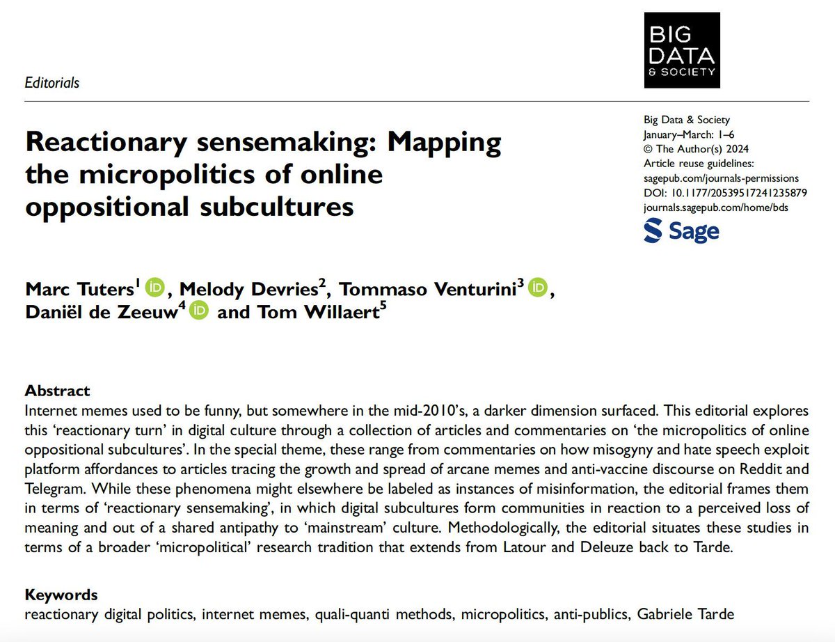 Check out our new editorial 'Reactionary sensemaking: Mapping the micropolitics of online oppositional subcultures’ from the special theme on Micropolitics' by @mtuters, Melody Devries, @venturini_tom, Daniël de Zeeuw & Tom Willaert: buff.ly/4afF7IF #memes #micropolitics