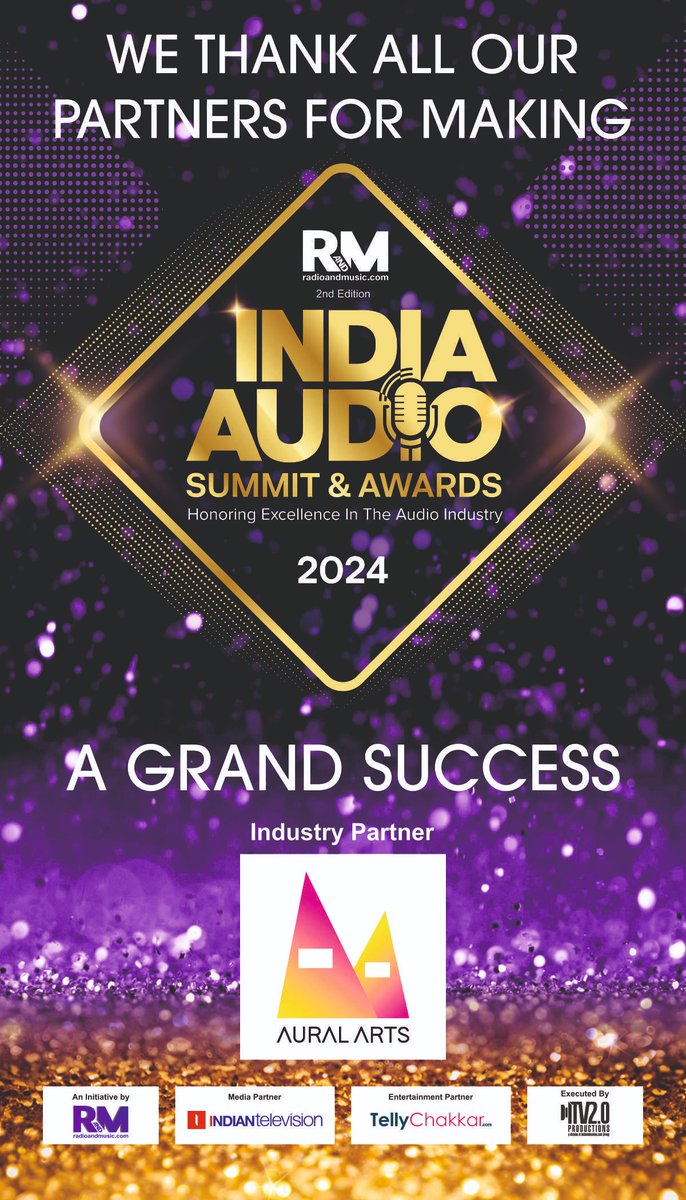 Thanking our Partners for making the 2nd Edition of India Audio Summit & Awards 2024 a Grand Success! For More Info: radioandmusic.com/iasa/ Industry Partner: Aural Arts #IASA2024 #IndiaAudioSummitAwards2024