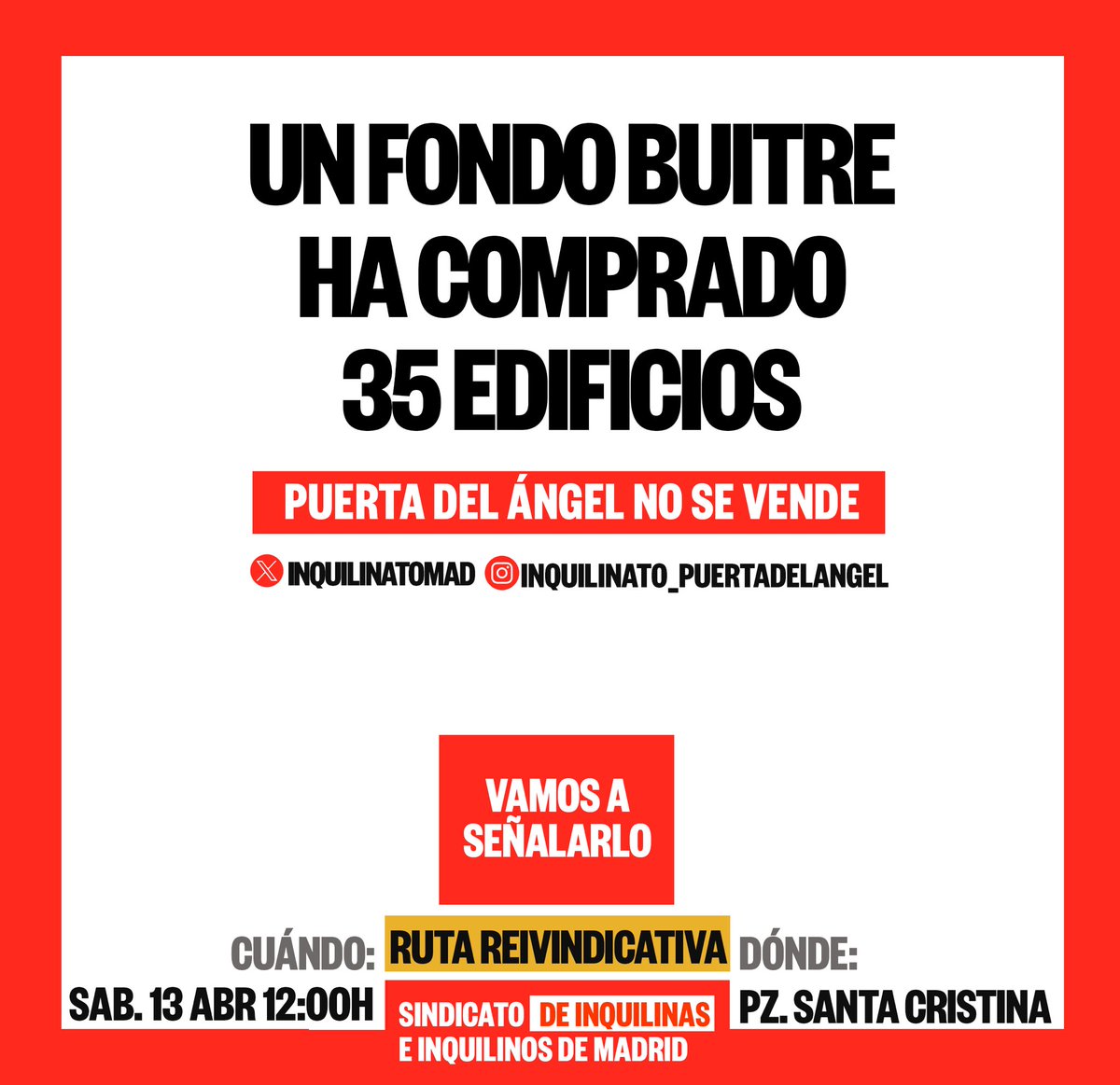 Paseo reivindicativo para señalar los 35 edificios que ha comprado el fondo buitre, y denunciar el proceso de especulación que está impulsando en el barrio. Vente para ver y escuchar de primera mano cómo operan estos fondos y cómo quieren destrozar el barrio. 13 de abril 12h.