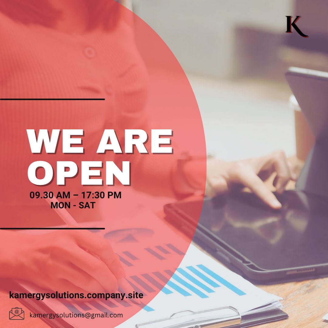 KamergySolution's tweet photo. Welcoming new clients! 
Kamergy Solutions is open Monday to Saturday, 9:30AM - 5:30PM, ready to ignite your business growth. From strategic planning to risk assessment, digital marketing solutions and more…let’s chart your path to success together! #MondayMood #kamergysolutions https://t.co/p8n9Z3Dkei
