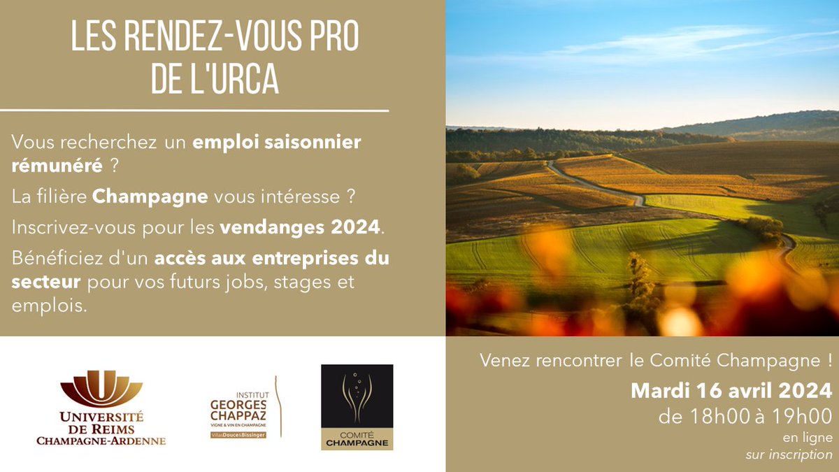 La Mission Insertion Professionnelle vous propose une rencontre et présentation des Métiers du champagne.
Venez découvrir l'entreprise, ses métiers et opportunités professionnelles !  Inscription via le Carrer Center  univ-reims.jobteaser.com/fr/events/2141…