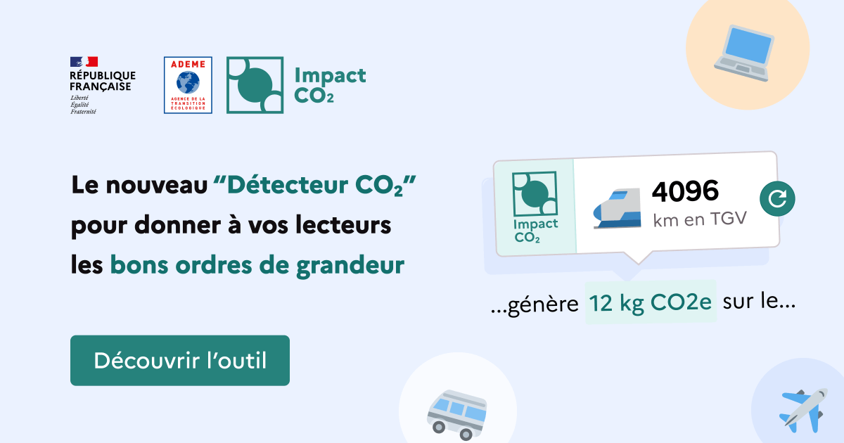 Découvrez le #DétecteurCO2, le nouvel outil gratuit de l'@ademe pour vulgariser vos contenus en ligne ! ➡️ Il s’intègre en quelques clics sur les sites internet et permet de sensibiliser sa communauté aux enjeux de la #TransitionÉcologique Plus d'infos 👉impactco2.fr/detecteur-co2