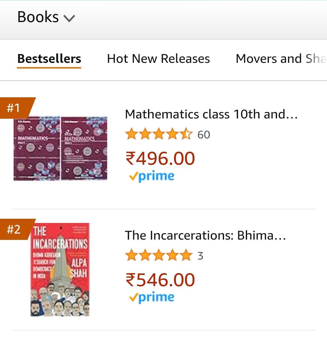 Thrilled to spot @alpashah001’s timely, stunning new book on the #BK16 and the decline of democratic values in India, #TheIncarcerations on overall #2 spot on @amazonIN! 

Get your copy today: amzn.eu/d/e3oPTIN