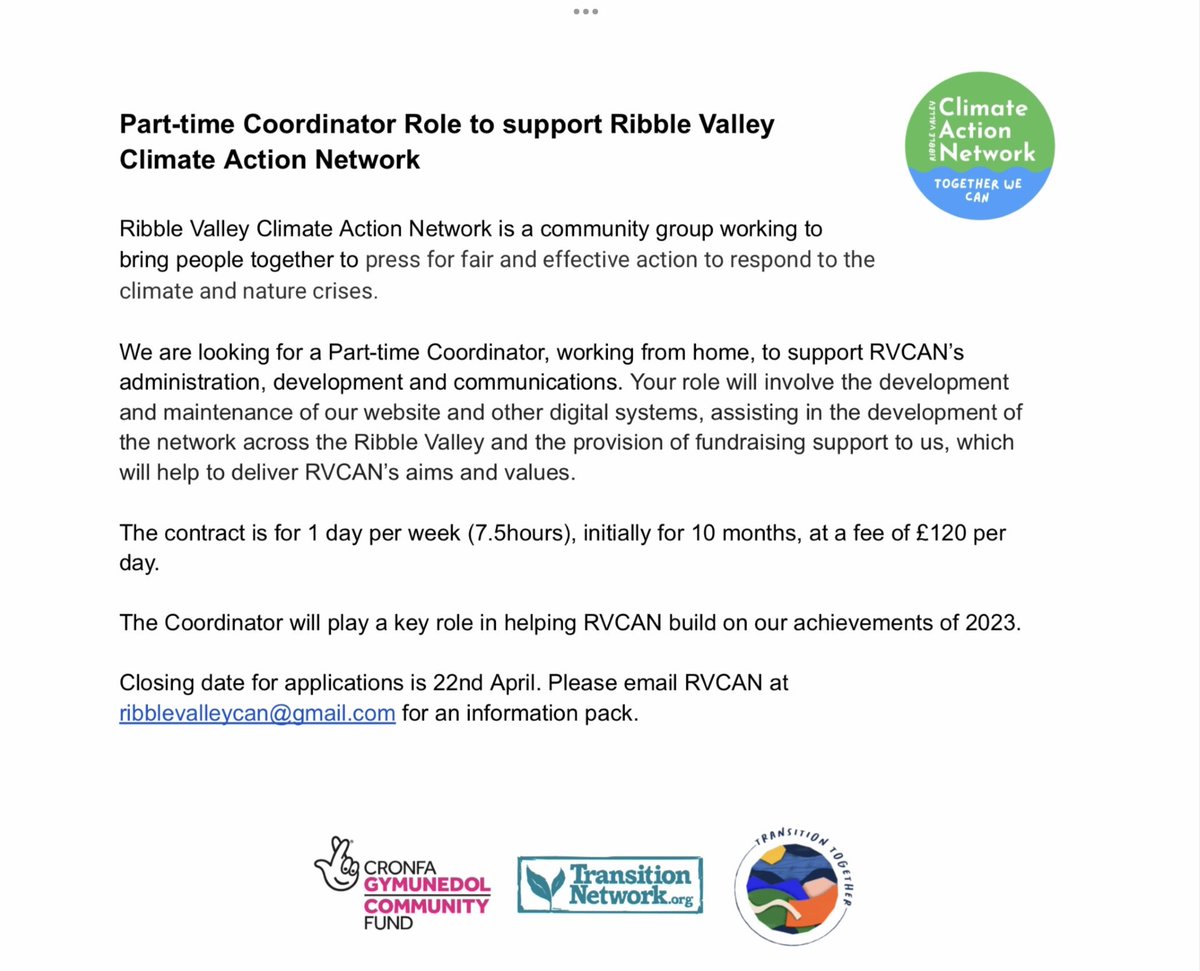 Part-time Coordinator Role - Ribble Valley Climate Action Network Details below: ⬇️⬇️⬇️⬇️