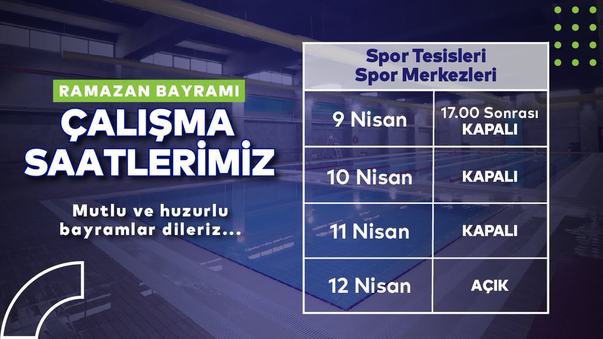 Ramazan Bayramı süresince tesis ve spor merkezlerimizin çalışma saatleri… Huzurlu ve mutlu bayramlar dileriz. 😇🙏🏻 #Sporİstanbul #RamazanBayramı