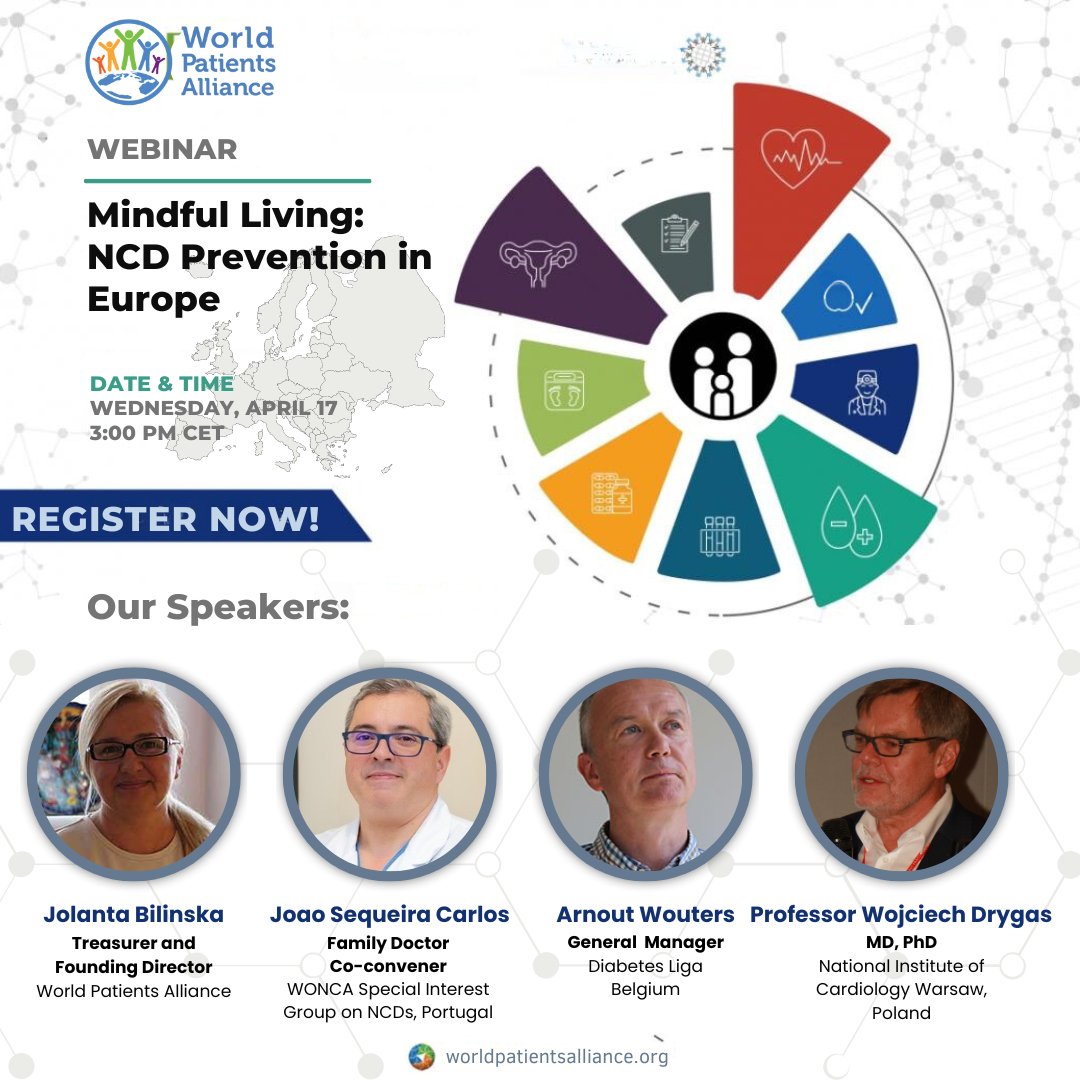 🌟 Meet Our Esteemed Speakers! Join us for our upcoming webinar on 'Mindful Living: NCD Prevention in Europe' and hear from industry leaders shaping the future of healthcare. For registration and more info: worldpatientsalliance.org/allevents/mind… 🚀