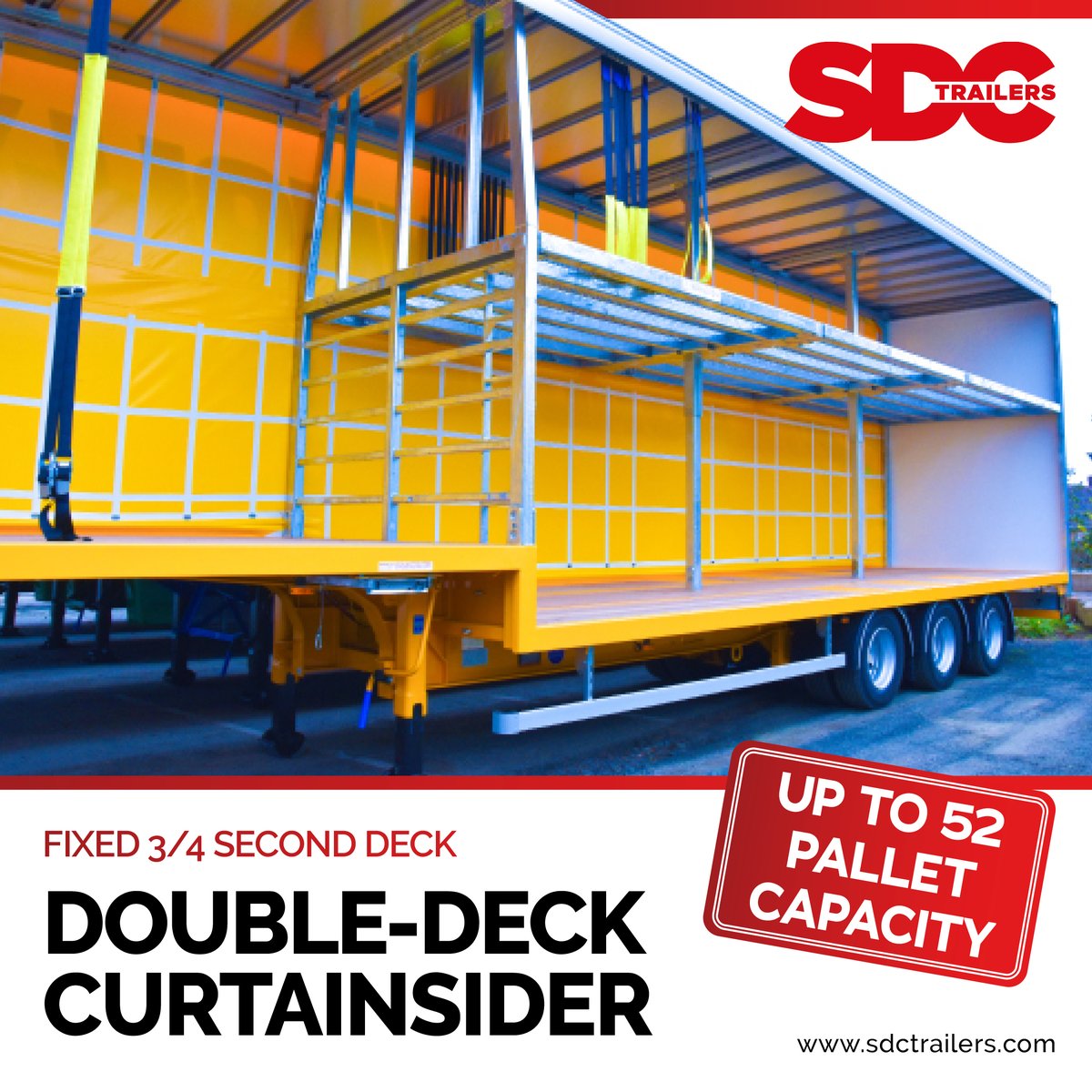 A peek inside SDC’s Double-Deck Curtainsider… Our ¾ mesh deck option provides operators with up to 52 pallet carrying capacity, reducing the number of journeys by half. 🚛 Our experienced engineers can customise the overall height and deck split to suit your requirements. 📏