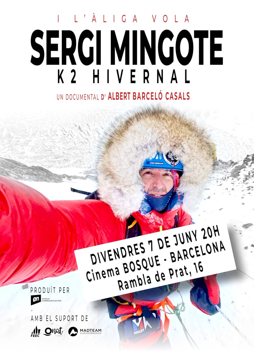 📢 El documental ‘K2 hivernal’, la fatídica història de Sergi Mingote, arriba al cinema a Barcelona. 🎞️ Estrena al cinema Bosque de Gràcia 📅 7 de juny ⏱️ 20h 🎫 tuit.cat/oi6M8 ➕ INFO ➡️ tuit.cat/52VO4 #sentlamuntanya #sommuntanya #somalpinisme