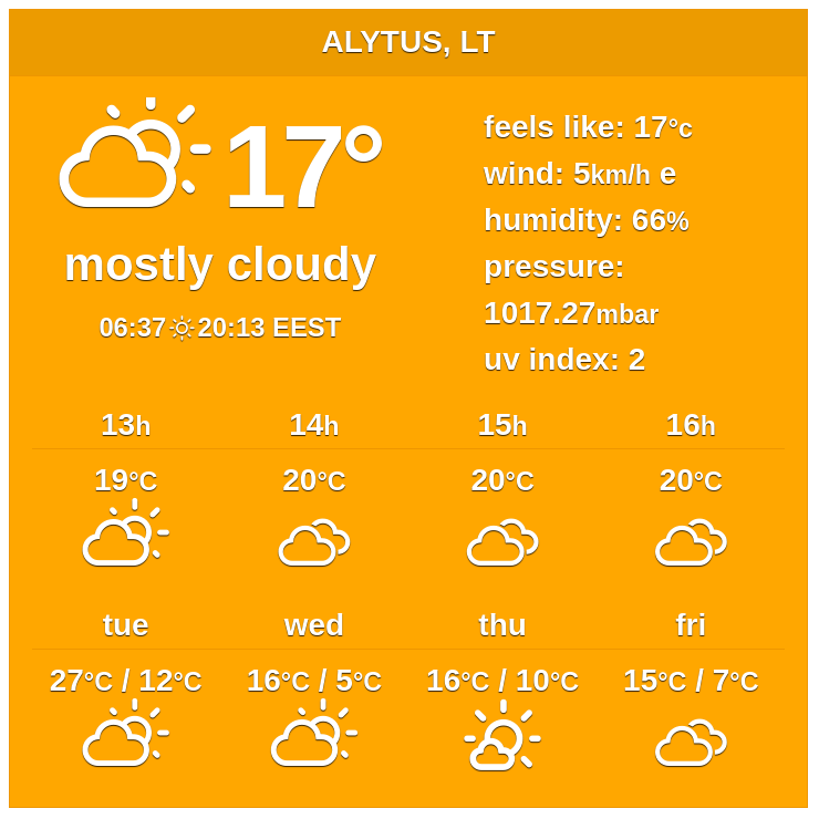 Weather_Atlas's tweet image. 🇱🇹 Alytus, Lithuania - Long-term weather forecast

In #Alytus, a combination of cloudy, rainy and sunny #weather is forecasted for the next ten days.

✨ Explore: weather-atlas.com/en/lithuania/a…

 #lithuania