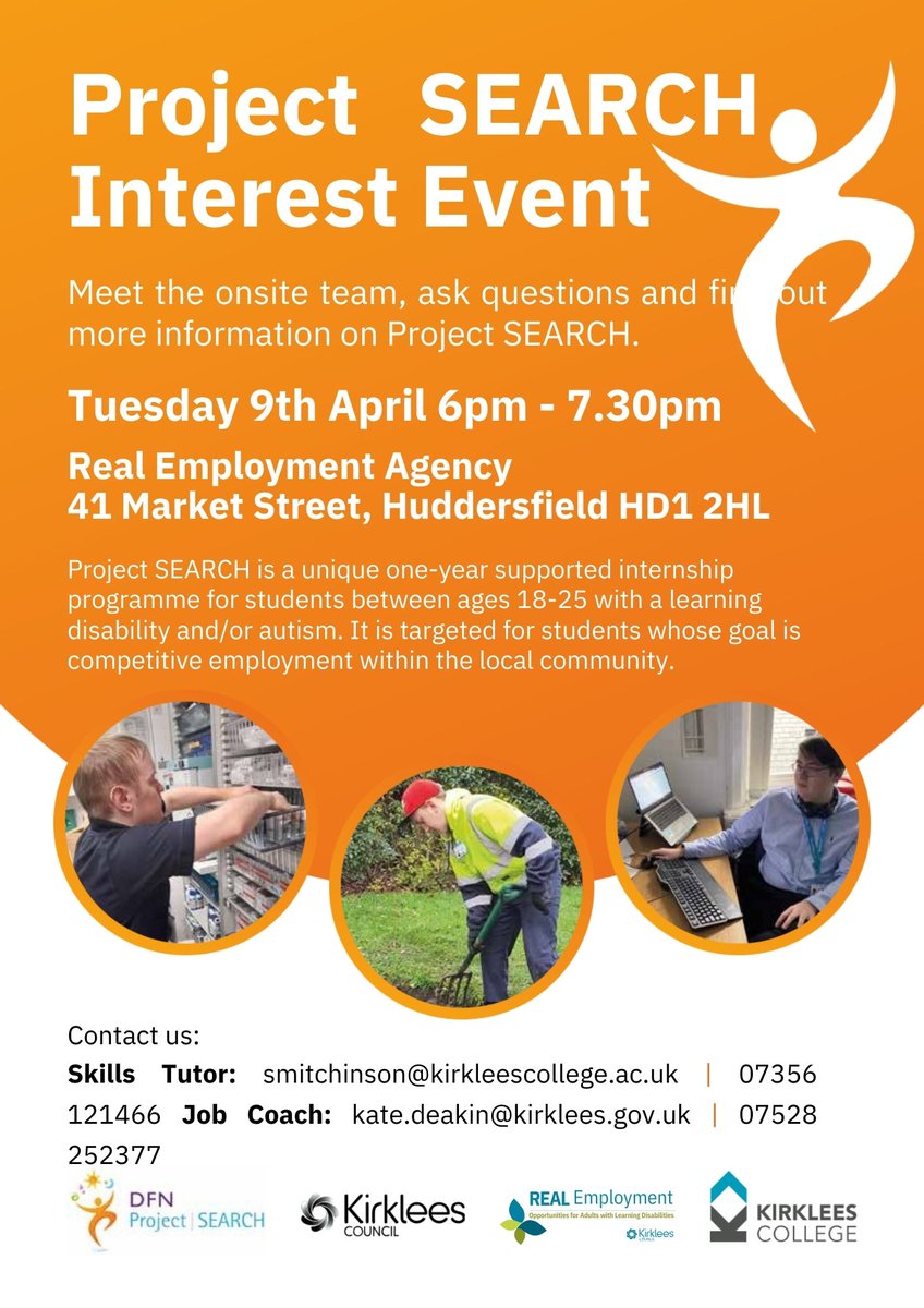 Fantastic #careers guidance event with #Kirklees #Search

Tuesday 9 April
6.00pm - 7.30pm
Real Employment Agency

Search is a 1 year supported #internship programme for students with learning difficulties.

#Careers #Internships #post16education #FutureYou
