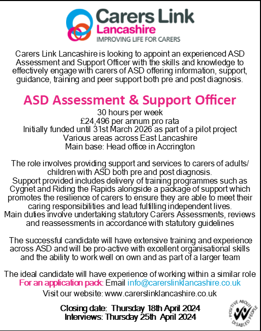 🌟 Exciting opportunity alert! Carers Link Lancashire is hiring an ASD Support Officer! Check out the details in the poster below. #JobOpportunity #ASDSupport