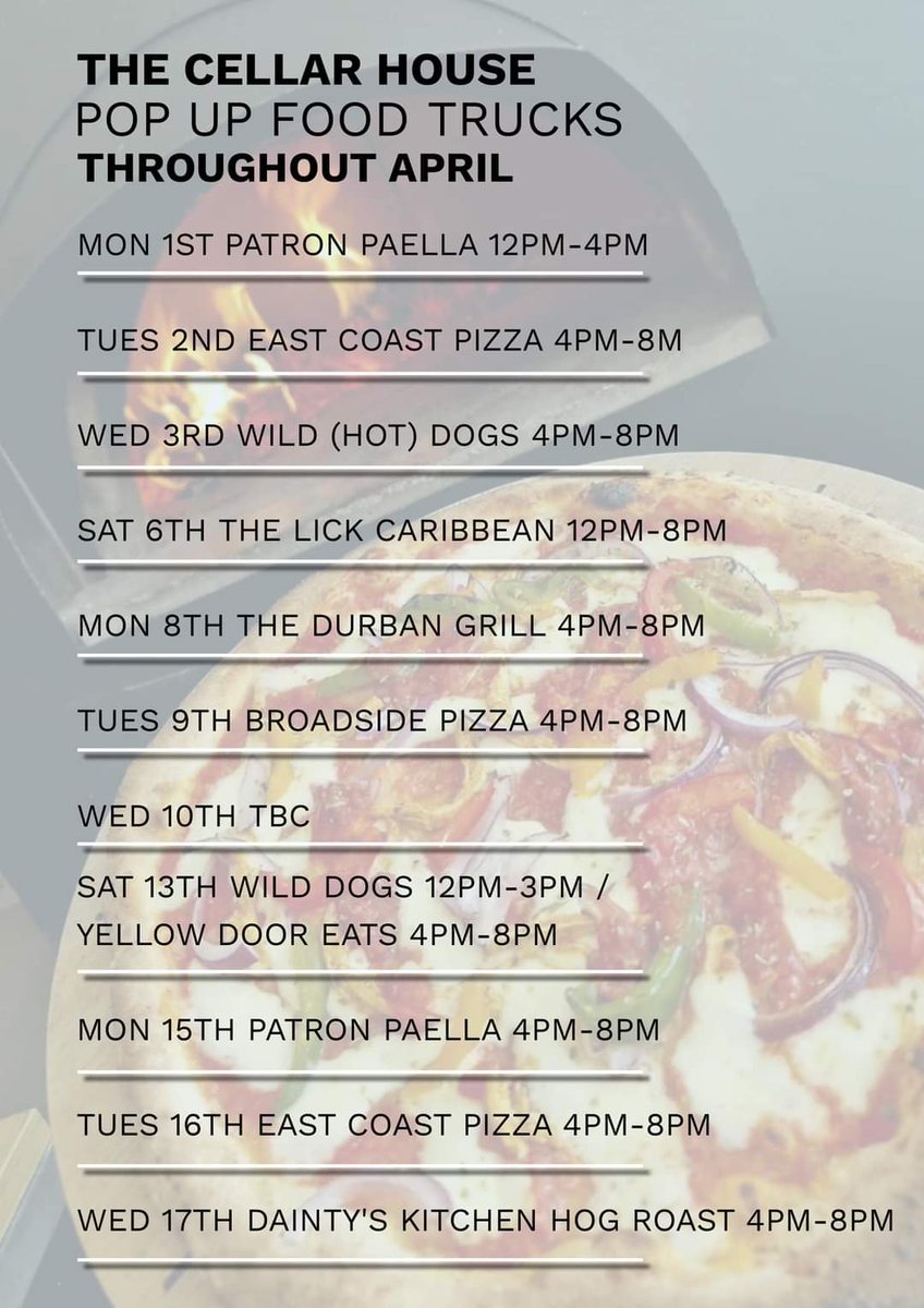 Week two of our pop up food trucks. Tonight from 4pm <a href="/TheDurbanGrill/">The Durban Grill</a>. Then we've Broadside Pizza, Wild Dogs and Yellow Door Eats. See you there!