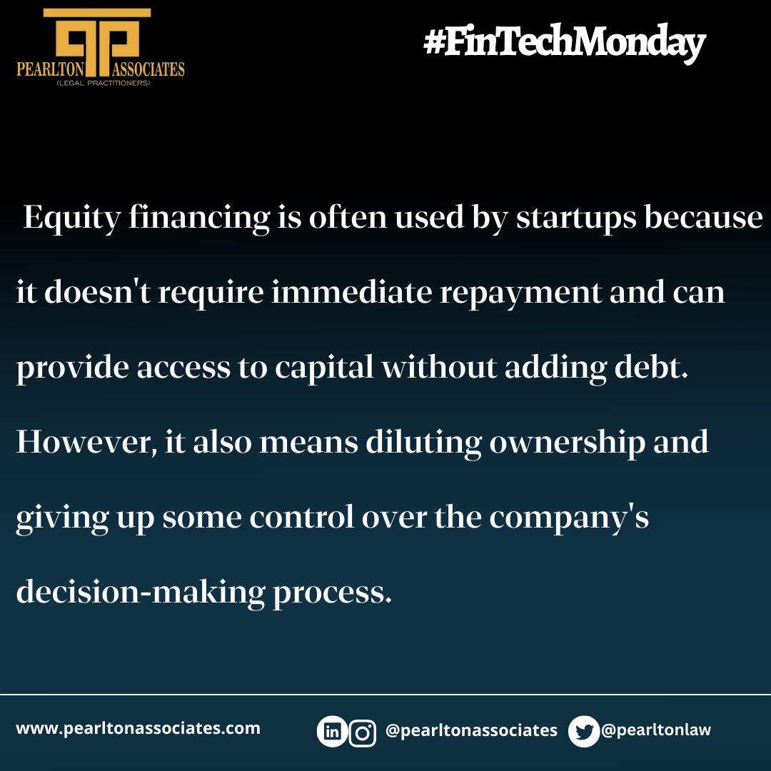 Pearltonlaw's tweet photo. In this part #fintechmonday series, our focus will be on “Equity Financing ” as financing option for Fintech Startups.
It’s pertinent to note that this financing option is not limited to Fintech Startups
#Fintech #monday #startups #funding #equity #financing #pearltonassociates https://t.co/WJSgjg6G05