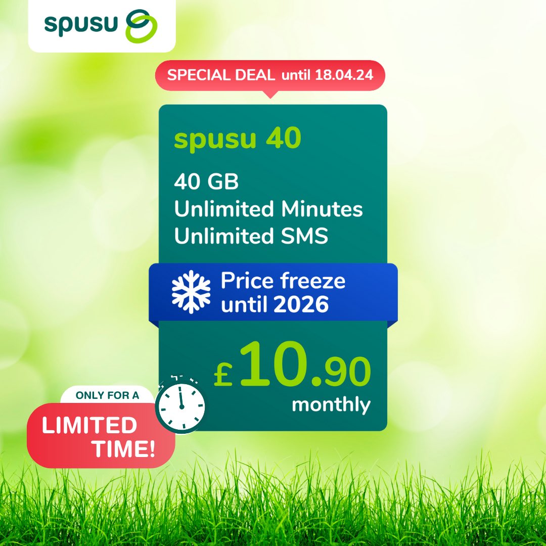 Let spusu brighten up your spring with our special deal on our spusu 40 mobile plan! More data, more fun under the sun🌞 Don't miss out on this limited offer, seize the savings until April 18th⏰

Visit spusu.co.uk and join us today💚

#WithYouInMind #SimpleFairForYou