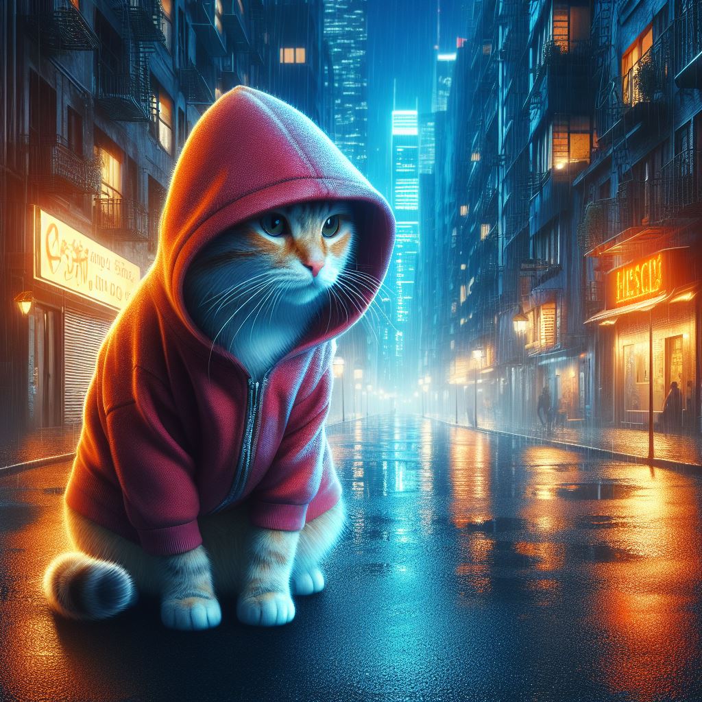 MagicalLovelyAI's tweet photo. Cat wearing a hoodie in the middle of the night, empty wet streets, and buildings with neon lights https://t.co/FaglRFfMGB