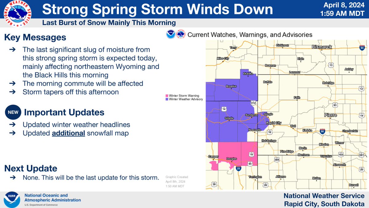 NWSRapidCity's tweet photo. 4/8/2024: Our strong spring storm will wind down today. This morning, one last burst of snow will move through the area, especially for northeastern Wyoming and the northern Black Hills. The morning commute will be affected. The storm will wind down this afternoon. #SDwx #WYwx https://t.co/LphpK86LLH